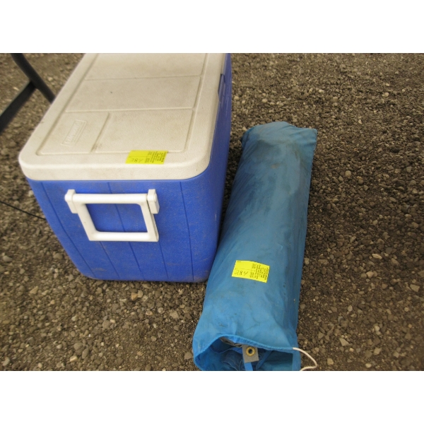 BLUE COLEMAN COOLER & A TENT