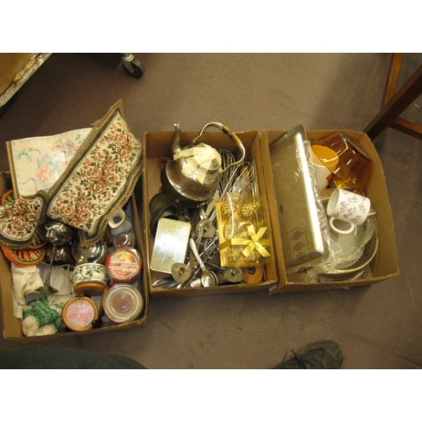 3 BOXES OF MISC. CANDLES, FLAT GLASSWARE, UTENSILS, ETC.