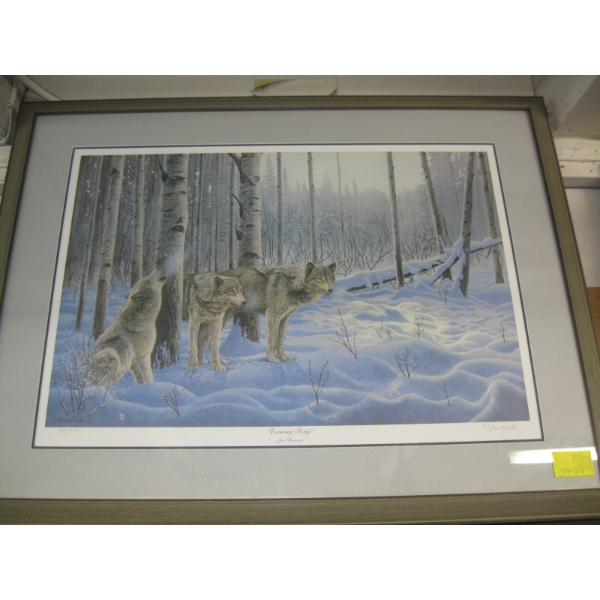 FRAMED, SIGNED PRINT OF WOLVES "EVENING SONG" BY JOE FERRANTE