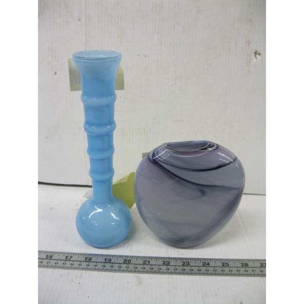 TURQUOISE MILK GLASS VASE & VINTAGE HANDBLOWN PURPLE VASE