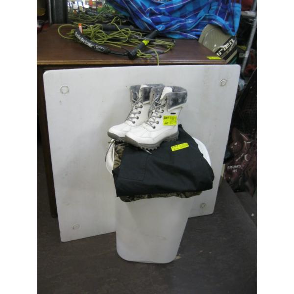 BIN W/MISC. WINTER BOOTS, PANTS, BASEBALL BAT, ETC.
