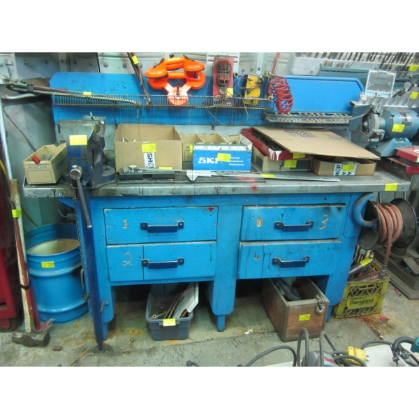 LG. METAL TOP WORK BENCH - APPROX. 6' - W/DRAWERS - NOT THE VISE