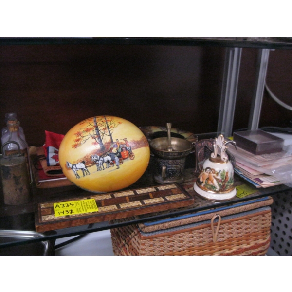 MISC. POSTCARDS, PAINTED OSTRICH EGG, CRIB BOARD, ETC.