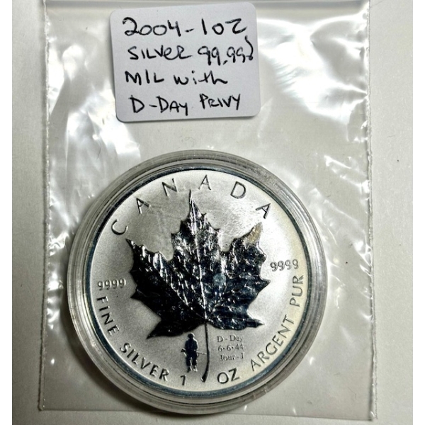 2004 1 OZ .999 SILVER MIL W/D-DAY PRIVY PROOF COIN (TAX EXEMPT)