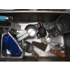 Image 2 : STAINLESS STEEL BIN W/MISC. MEASURING CUPS, PIE CUTTERS, SIEVE, ETC.