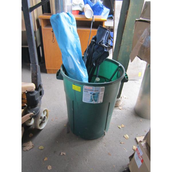 GARBAGE CAN W/ASST. ITEMS - CHAIRS, BIKE PUMP, ETC.
