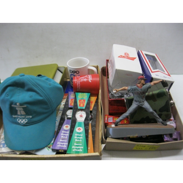 2 BOXES MISC. - HAT, WATCHES, GLASSES, ETC.