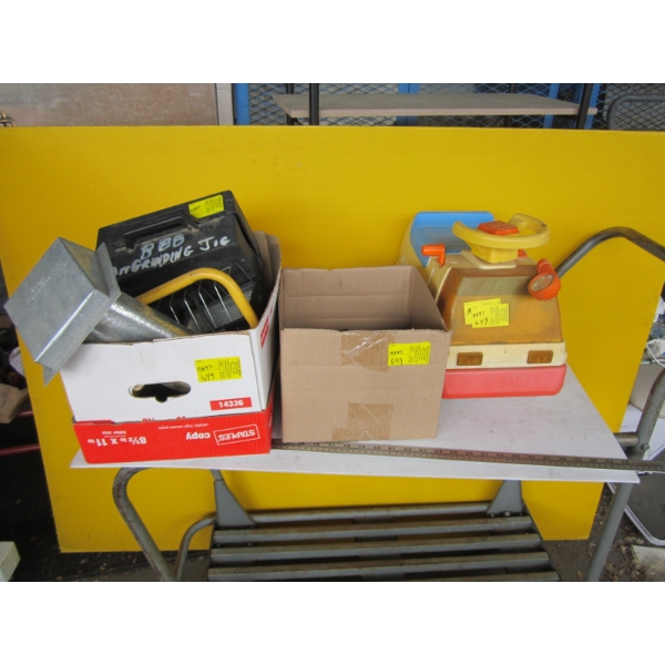 MISC. BANDING JIG, SPOTLIGHT, ANTIQUE FIRE EXTINGUISHER, CARBURETOR, TRUCK, ETC.