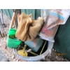 Image 3 : LG. PLASTIC  BUCKET W/MISC. GARDENING ITEMS, REBAR, WATERING CANS, ETC.