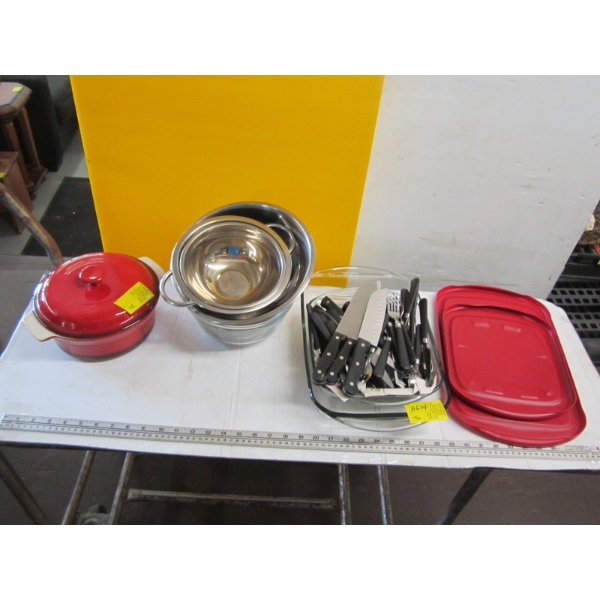 MISC. MIXING BOWLS, CUTLERY, ETC.