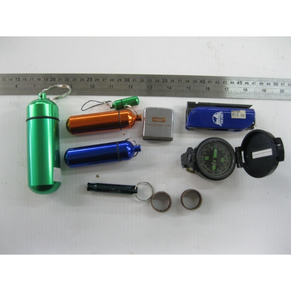 MISC. SM. ALUMINUM CONTAINERS, TAPE MEASURE, COMPASS, ETC.