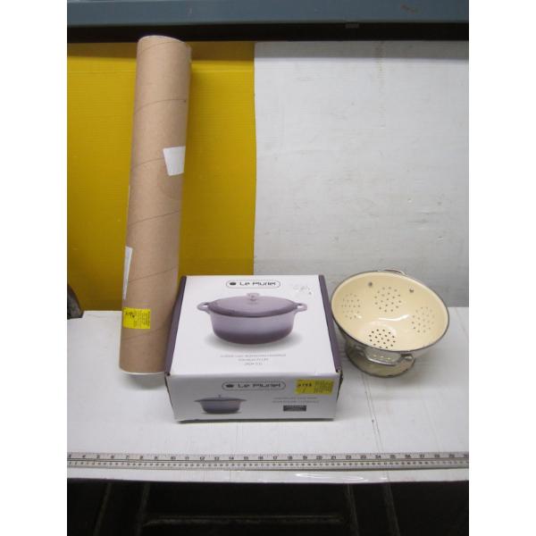 FRAMED PHOTOGRAPH, ENAMEL CAST IRON POT & ENAMEL STRAINER