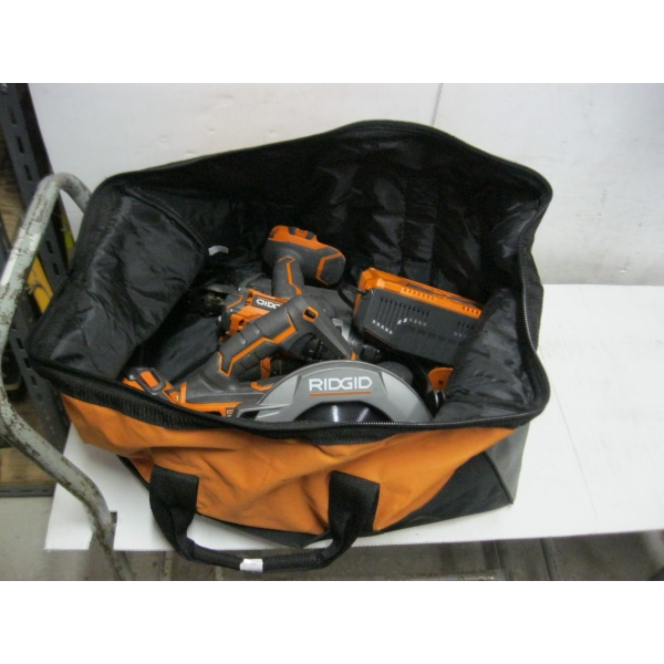 RIGID CORDLESS TOOL SET W/CHARGER, 2 BATTERIES, CIRCULAR SAW, DRILL, IMPACT & SAWZALL FLASHLIGHT