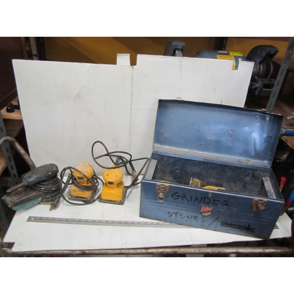 BLUE METAL TOOLBOX W/MISC. PALM SANDERS, ETC.