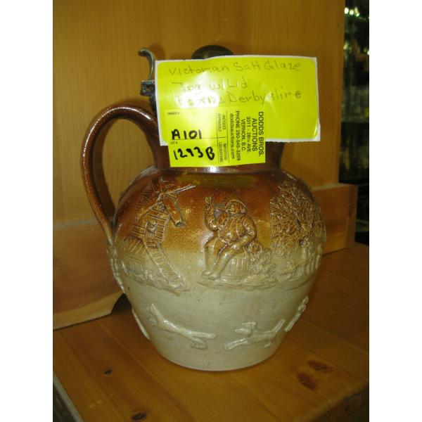 VICTORIAN SALT GLAZE JUG W/LID, BOURNE DERBYSHIRE