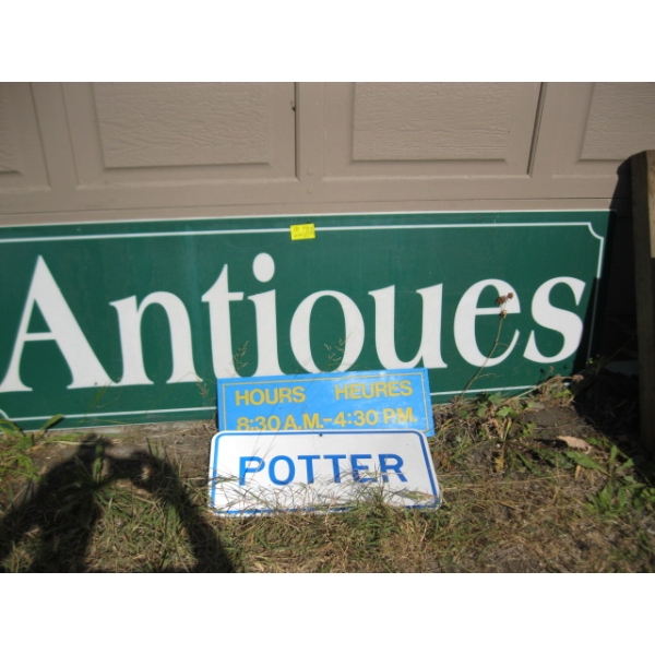 3 SIGNS - POTTER, ANTIQUES & HOUR SIGN