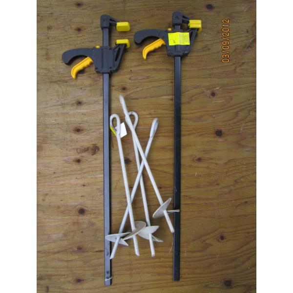 4 TENT ANCHOR BOLTS & 2 QUICK GRIP CLAMPS