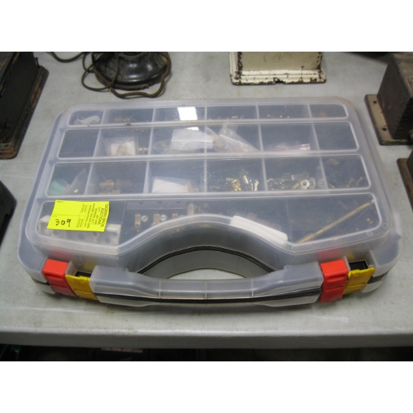DOUBLE SIDED CASE W/MISC. BRASS FITTINGS, ETC.