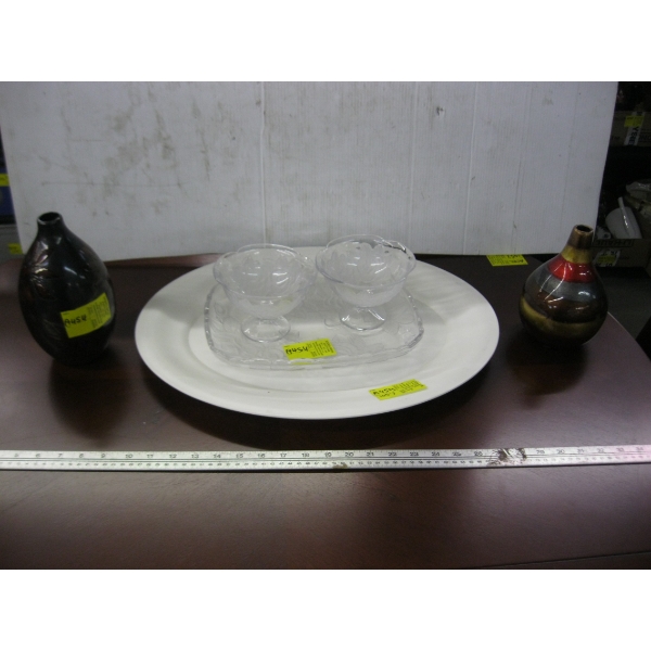 2 DECORATIVE VASES, LG. PLATTER, SERVING TRAY & BOWLS
