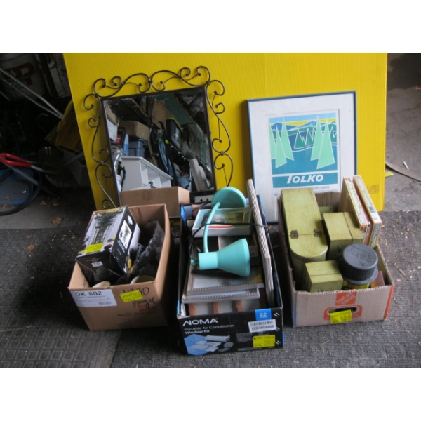 MISC. WOODEN BOXES, MIRROR, PICTURE FRAMES, LAMPS, MUGS, ETC.