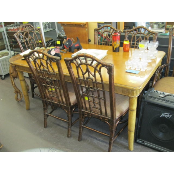 RATTAN BAMBOO LOOK DINING TABLE W/1 LEAF & 6 CHAIRS