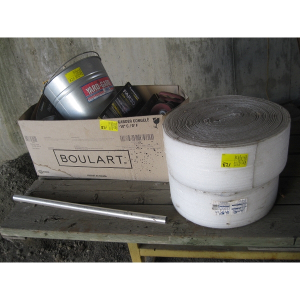 2 ROLLS OF SILL PLATE SEALER & BOX OF MISC. LED LIGHTS, GARDEN SPRAYER, ELECTRICAL