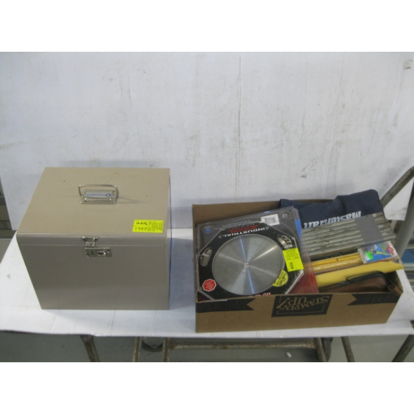 FILE BOX & BOX OF MISC. SAWBLADES, CAMERA, DRAWER SLIDES, ETC.