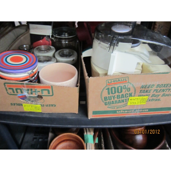 2 FLATS OF CANNISTERS, TOASTER, ETC.