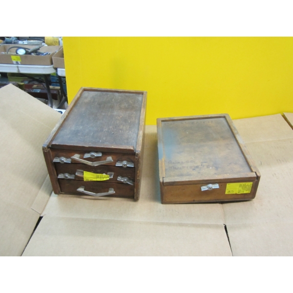 2 WOODEN CABINETS - 1 - 3 DRAWER, 1 - 2 DRAWER - W/ASST. CONTENTS: DRILL BITS, PUNCHES, ETC.