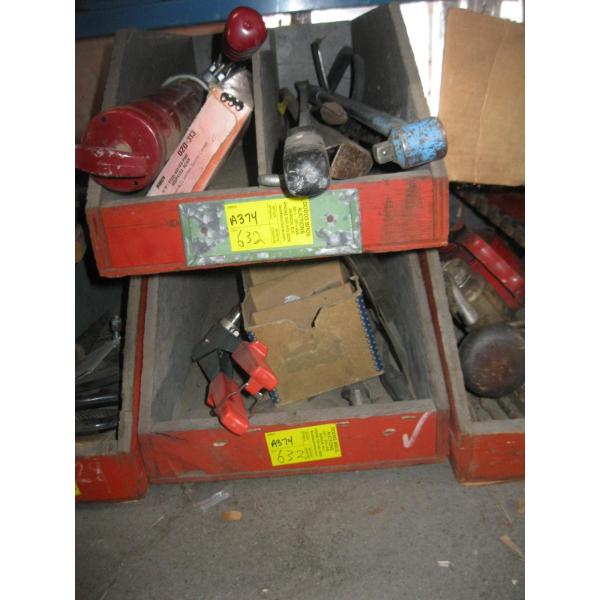 2 BINS OF MISC. SCREWDRIVERS, GREASE GUN, HAND RIVETERS, ETC.