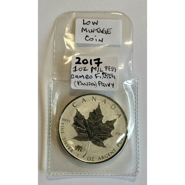 2017 1 OZ. MAPLE LEAFE .999 SILVER CAMEO PROOF FINISH (PANDA) PRIVY $5 COIN (TAX EXEMPT)