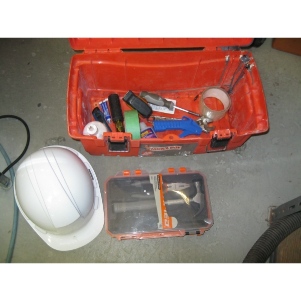 ORANGE TOOLBOX W/MISC. CONTENTS
