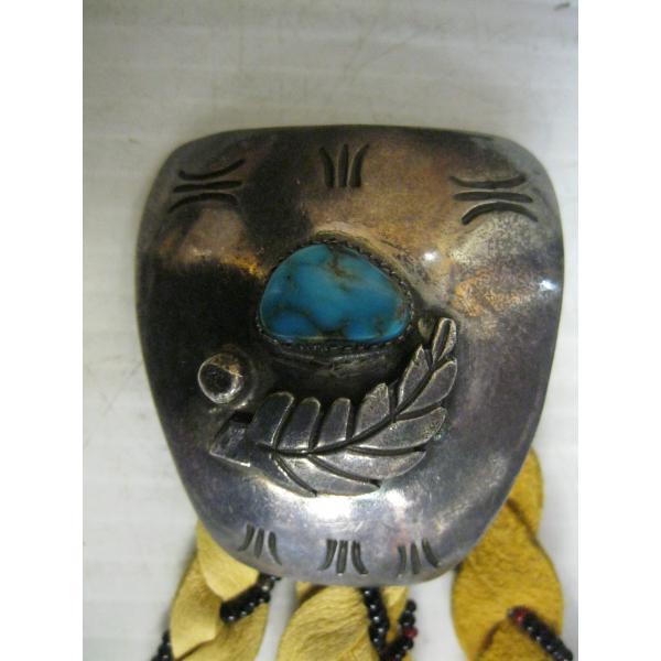 SILVER & TURQUOISE NAVAJO BOLO TIE W/BRAIDED LEATHER & TASSLES