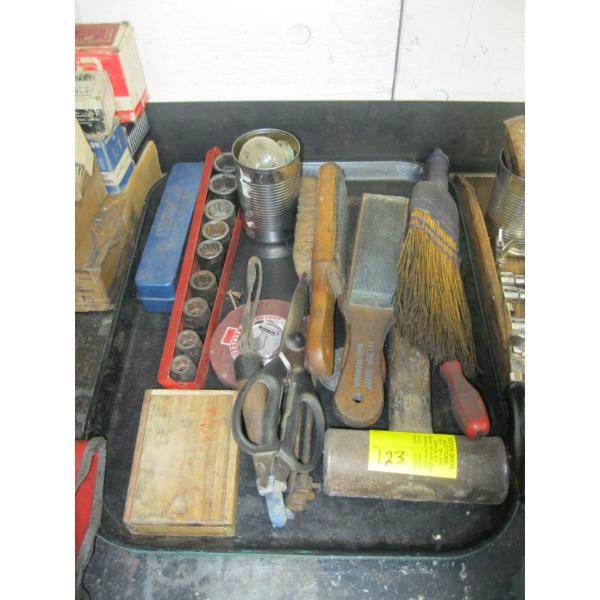 TRAY OF MISC. EASY OUTS, BRUSHES, TAPE MEASURE, SOCKETS, ETC.