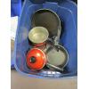 Image 3 : 2 BINS OF MISC. POTS, PANS, GLASSES, ETC.