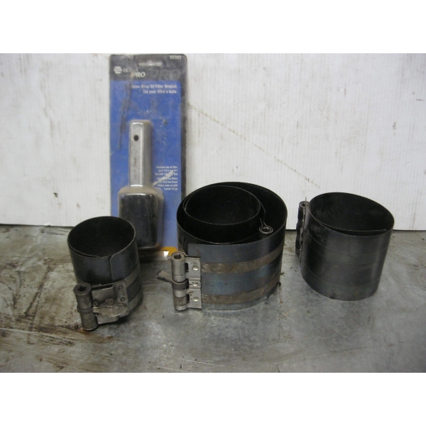 LOT OF ASST'D RING COMPRESSORS, OIL FILTER WRENCH, ETC.