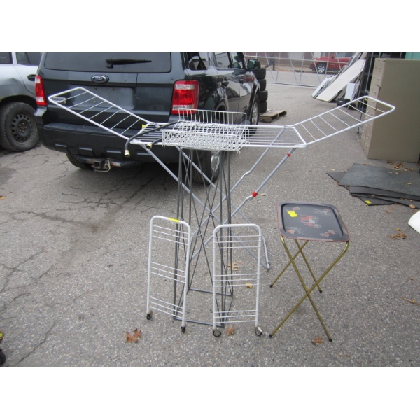 MISC. DRYING RACKS, FOLDING DINNER TABLES, PLANT STAND, ETC.