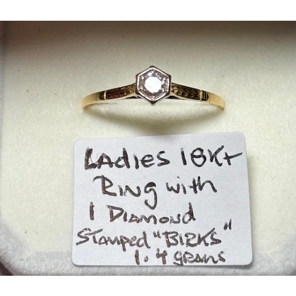 LADIES 18KT RING W/1 DIAMOND, STAMPED "BIRKS", 1.4G, SZ 8 1/2