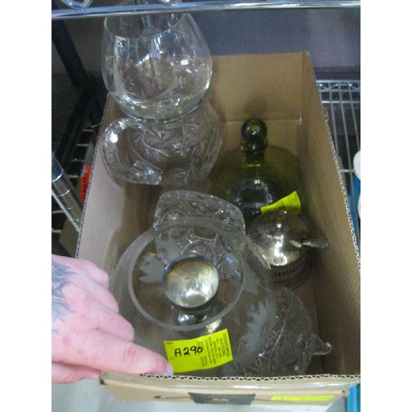 MISC. GLASSWARE, CRYSTAL WATER PITCHER, GLASS DECANTER, ETC.