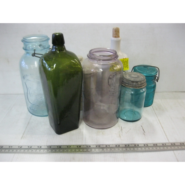 COLLECTABLE BOTTLES - HUDSON BAY, VINTAGE CANNING JARS, MINI CROCK, ETC.