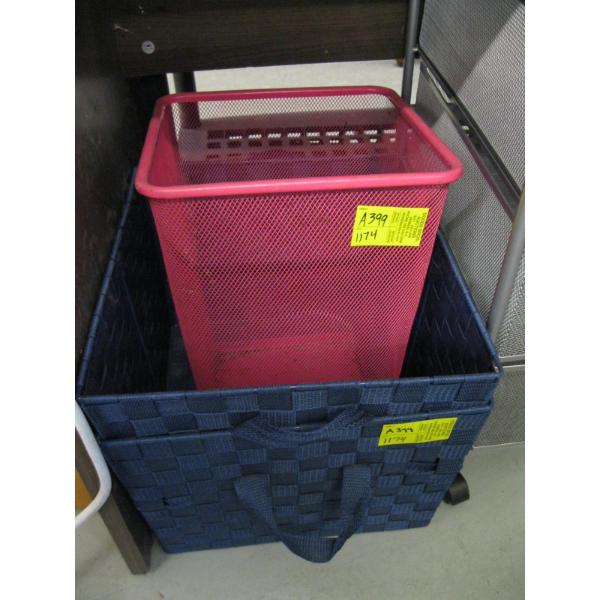 2 BLUE BASKETS & PINK GARBAGE CAN