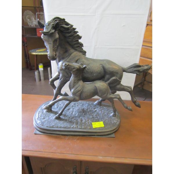 LG. CAST BRONZE SCULPTURE OF MARE & FOAL - RUNNING TOGETHER