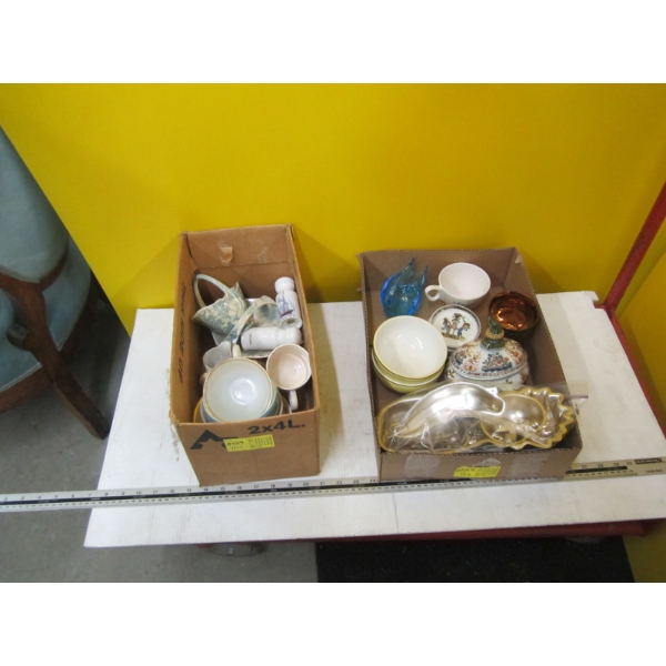 2 BOXES OF MISC. CHINA, POTTERY, DECORATIVE MOLDS, ETC.