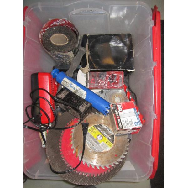BIN OF MISC. BRAD NAILS, CHARGERS, SAWBLADES, ETC.