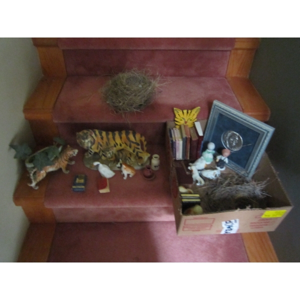 MISC. TIGER FIGURINES, BIRD NEST, PICTURES, MINIATURE BOOKS, ETC.