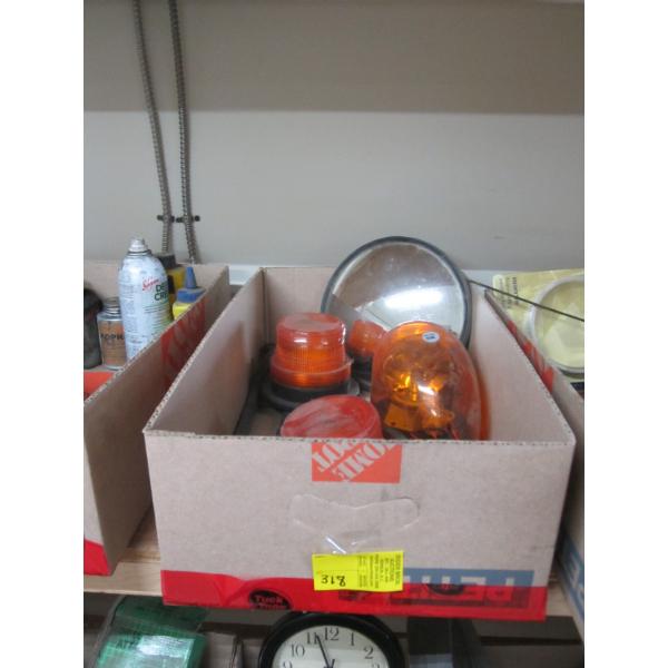 BOX OF MISC. FLASHER LIGHTS, SAFETY LIGHTS, MIRROR, ETC.