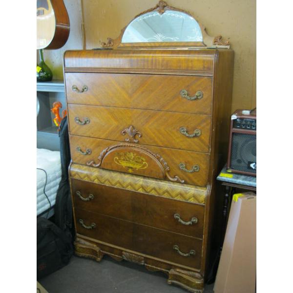 WATERFALL MIRROR BACK INLAID HIGHBOY ANTIQUE CHEST OF DRAWERS