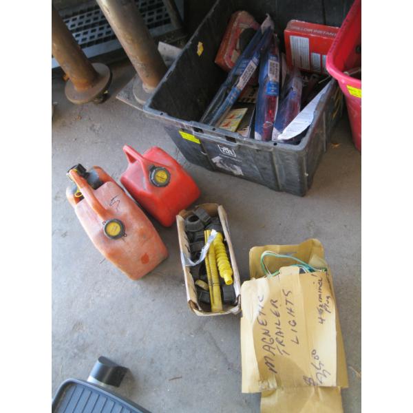 BIN OF MISC. FUEL CANS, WINDSHIELD WIPER BLADES, ETC.