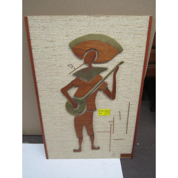 MCM TEAK FRAMED PICTURE OF MAN W/GUITAR
