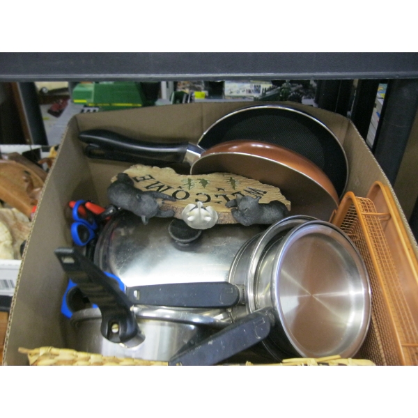 MISC. STAINLESS STEEL POTS/PANS, SCISSORS, WELCOME SIGN, ETC.